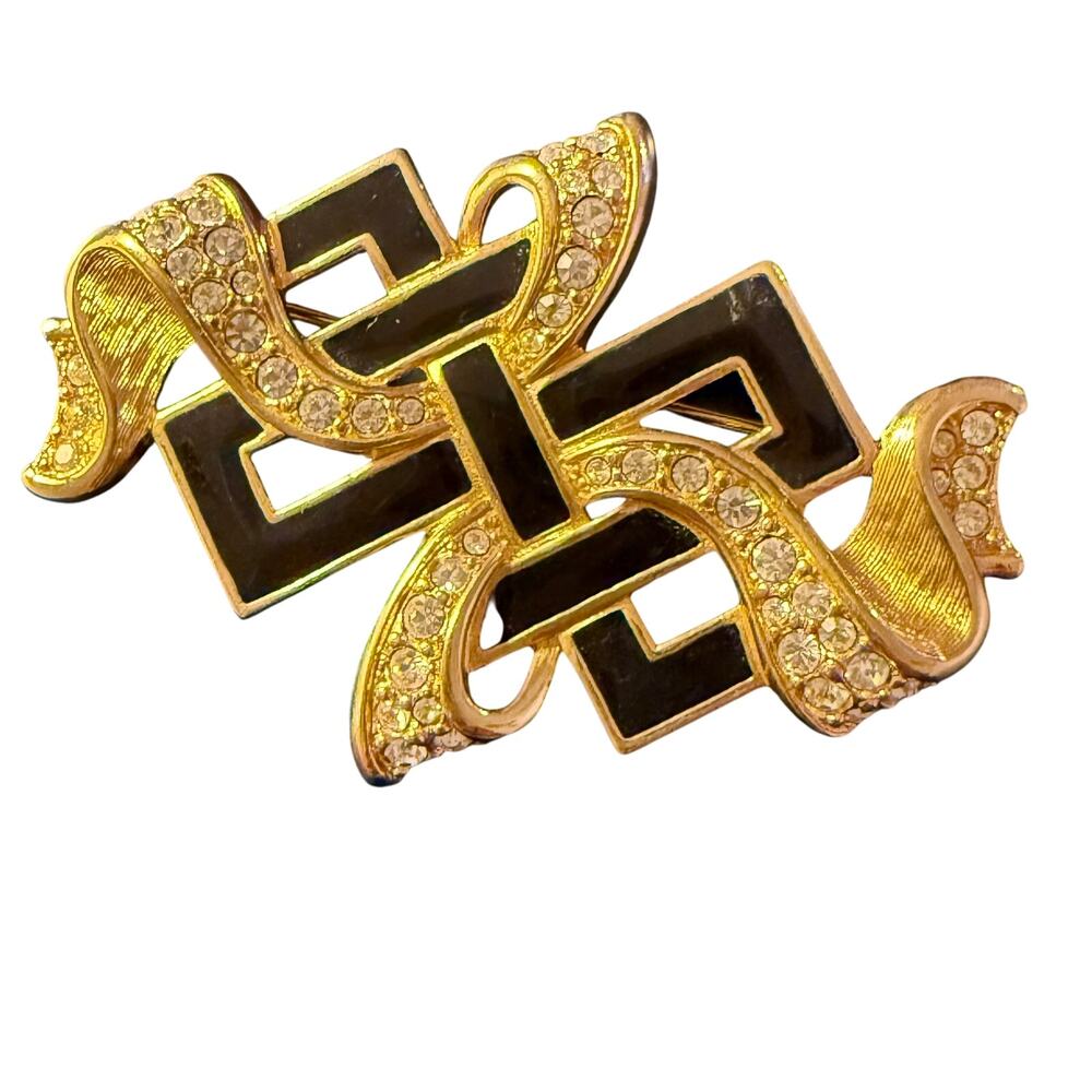 Swarovski Gold Tone Black Enamel Rhinestone Pin Brooch